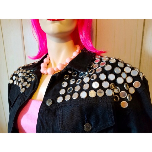 Vintage 80s PUNK Atomic Space Age MOD Black Denim Jacket Studded w/Mirrors wOw! - Picture 4 of 14